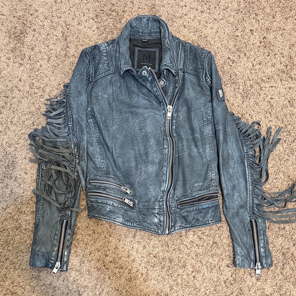 Distressed/Vintage Look Blue Fringe Leather Jacket